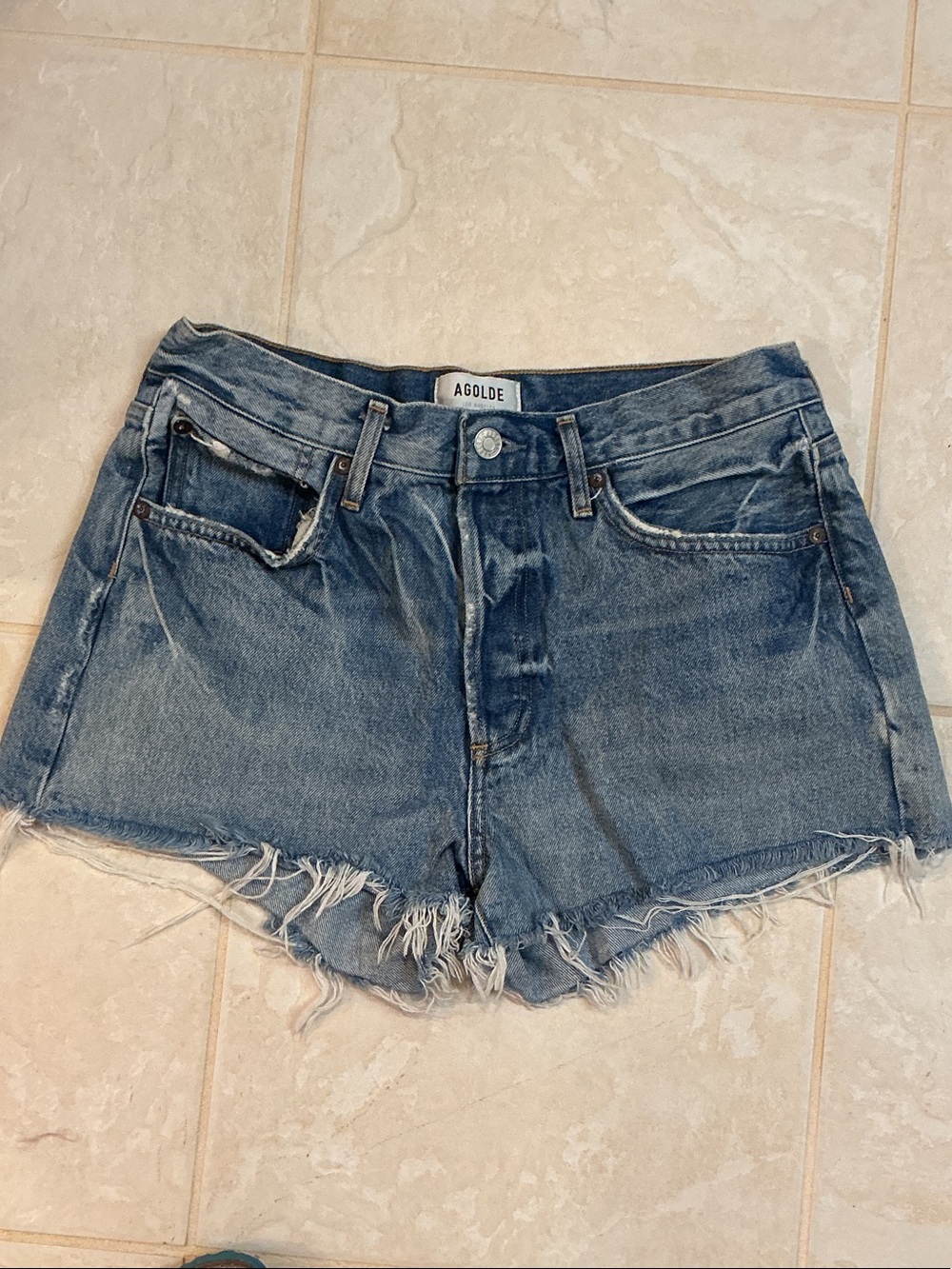 Agolde Distressed Blue Denim Cutoff Shorts
